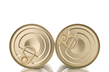 Two metal canned meat macro isolated on white background.