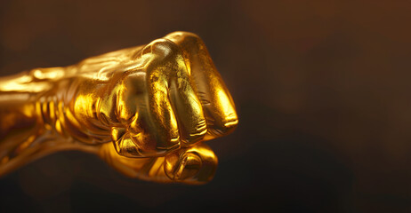 a gold clenched fist over a dark background with copy space