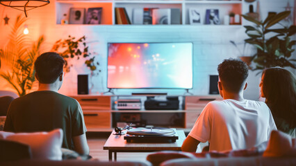 Friends enjoying a movie night at home, comfortably watching a film on a flat-screen television in a cozy living room. - obrazy, fototapety, plakaty