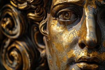 close up of an ancient worn gold statue with a concerned look on its face