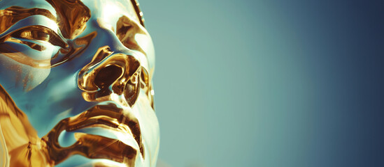 close up of the face of a radiant golden statue over a clear sky background with copy space - obrazy, fototapety, plakaty