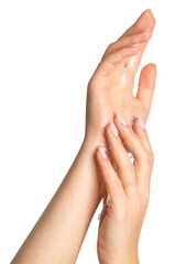 Women's hands. Transparent gel spreads over the skin. on a blank background