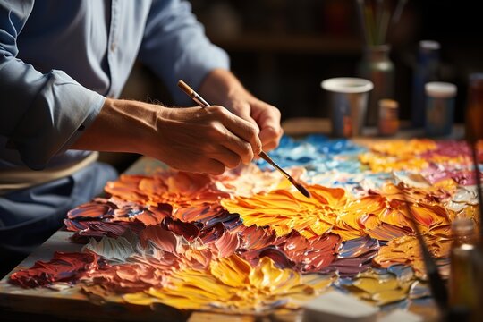Close-up of an artist's hand skillfully applying vibrant oil paints to a canvas, surrounded by an array of colorful brushes.