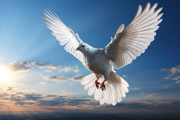 A white dove in full flight, wings spread wide against a stunning sunset sky, symbolizing peace and freedom.