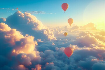 Fototapeta premium Beautiful scenic view of hot air balloons floating among golden sunrise clouds, symbolizing adventure, travel, and freedom.