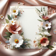 Greeting card with flower arrangement, heart shapes. Copy space. AI generated image.