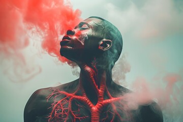 A striking illustration of a man exhaling red smoke and respiratory tract in bright red color for themes around harmful effects of smoking. - obrazy, fototapety, plakaty