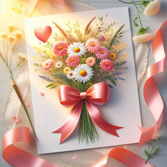 Greeting card with flower arrangement, heart shapes, and silk ribbons. Copy space. AI generated image.