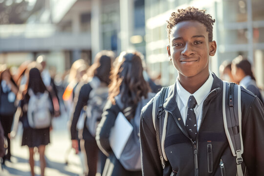 Student Smiling on Busy High School Campus. A young male student with a backpack smiles warmly amidst a crowd of peers on a busy high school campus
