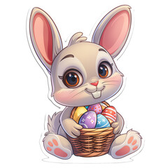 A grey rabbit hugs a basket of Easter eggs , a sticker