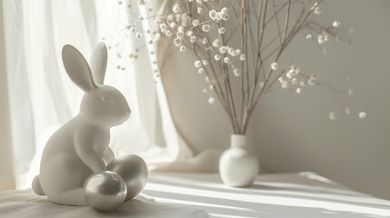 porcelain rabbit Easter eggs on the background of a vase with willow , free space for text