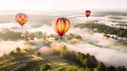 Fototapeta premium A serene morning with hot air balloons floating over a misty countryside landscape at sunrise.