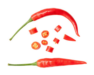 Top view and flat lay of curved fresh red chili peppers with slices in set isolated with clipping path in png file format