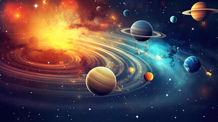 Naklejka premium Milky Way Galaxy, Outer Space, Solar System, Cosmos Planets, Sun, Earth, Jupiter, Saturn, Stars. Universe Space Wallpaper Poster for Astrology Enthusiasts