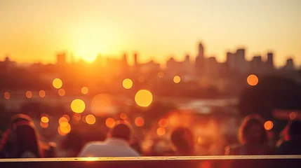 Fototapeten Golden Hour Sunset, Summer Sun Blur with City Rooftop View in the Background - Fuzzy Urban Warmth and Bright Heatwave Lights © RBGallery
