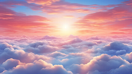 Cartoon Cloudscape, Dramatic Sky with Sun Shining Brightly Above the Clouds, Blue Sky with Pink and Yellow Hues