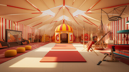 A gym layout for a circus-themed fitness center, with acrobat training areas and circus tent-style...