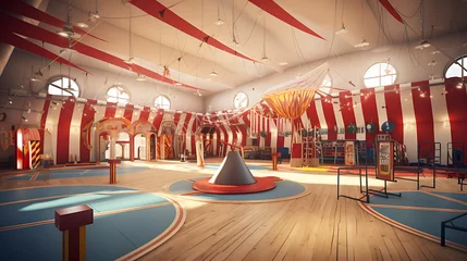 Fotobehang Muziekwinkel A gym layout for a circus-themed fitness center, with acrobat training areas and circus tent-style decor.