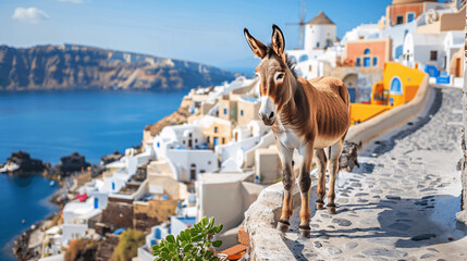 Greek Donkey Against Santorini Landscape, Traditional Setting - obrazy, fototapety, plakaty