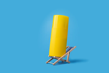 Sunblock on a beach chair, SPF lotion, tan prevention, sun protection, blue background