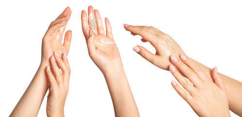Set.Female hands. Transparent gel spreads over the skin. on a blank background