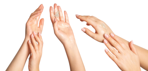Set.Female hands. Transparent gel spreads over the skin. on a blank background