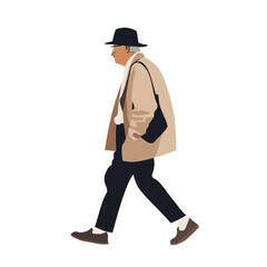 Flat illustration of a senior man walking, isolated on transparent background.