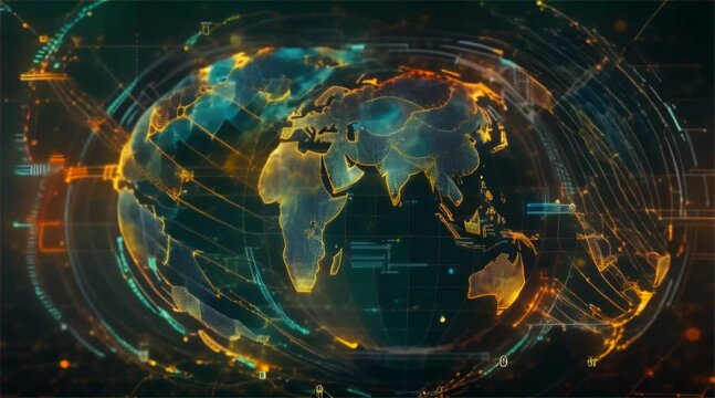 Digital representation of a global map network with glowing nodes and connections symbolizing international communication and data exchange