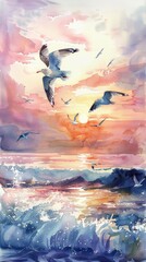 Seagulls soaring, sunset watercolors, ocean breeze --ar 9:16 --v 6
