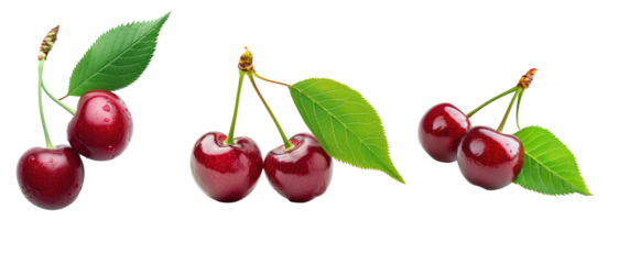 Delicious cherries with green leaf isolated on transparent background