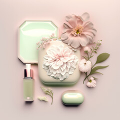 Obraz na płótnie Canvas Immerse in the serenity. Tranquil beauty setup featuring delicate flowers, elegant cosmetic bottles, and a relaxing pastel palette. Perfect for a calming vibe