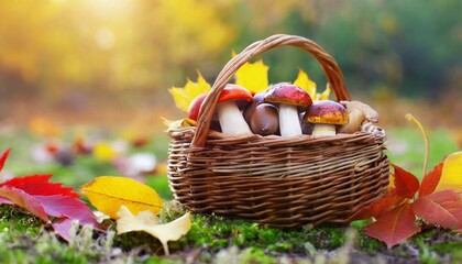 Basket of mushrooms on ground.