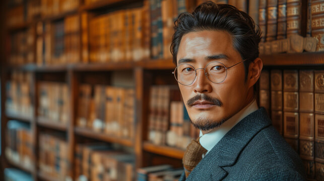 Portrait of an handsome Korean man in his 40s wearing glasses with formal slick hairstyle smooth beardless face, wearing a suit in a luxury ancient library, Ai generated image