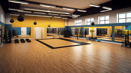 A gym layout for a dance studio and fitness center combo, catering to dance enthusiasts. - obrazy, fototapety, plakaty