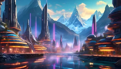Fotobehang Panorama of futuristic, sci-fi city with neon lights, on the shores of a lake, surrounded by snow-capped peaks of Alpine mountains. City lights. Sunset cloudy sky. Banner header image. © Alessandro