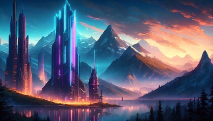 Panorama of futuristic, sci-fi city with neon lights, on the shores of a lake, surrounded by snow-capped peaks of Alpine mountains. City lights. Sunset cloudy sky. Banner header image.