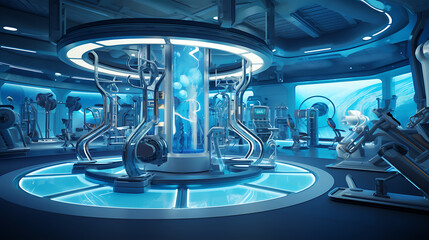 A gym layout for a futuristic underwater research station fitness center, with marine life-inspired decor.