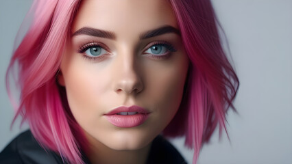Naklejka premium A girl with pink hair and blue eyes.