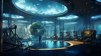 A gym layout for a futuristic underwater city fitness center, with underwater city-inspired workouts and marine decor.
