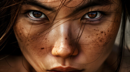 Close-up of a woman's face with expressions of strength and determination. A confident woman, with emphasis on the eye area. Asian woman, brown eyes and freckles.