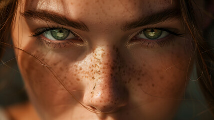 Close-up of a woman's face with expressions of strength and determination. A confident woman, with emphasis on the eye area. Green eyes, freckles, and red hair.