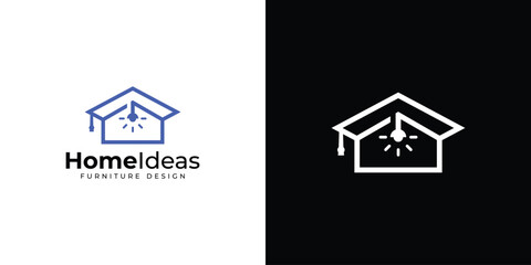 Creative Home Ideas Logo. College, Graduate Cap, Campus, Education Logo Designs. Home Architecture Study with Lineart Outline Style Logo Designs Vector Illustration.	