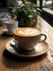 Cup of fresh cappuccino with a beautiful foam on the bar counter in a coffee shop, close-up, vertical image, selective focus.