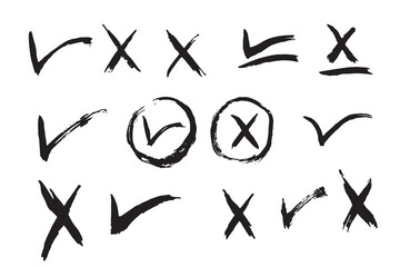 Right or Wrong. Hand-Drawn Green Checks and Red Crosses in Vector Illustration Set