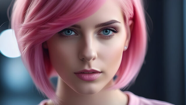 A girl with pink hair and blue eyes.
