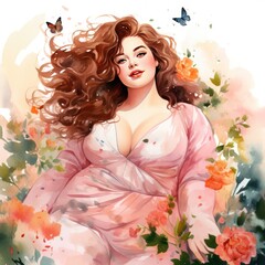 Plus Size Fashion Girl Blooms in Watercolor Spring