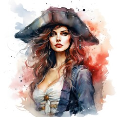 Charismatic Pirate Lady Bold Watercolor Clipart of the Open Ocean