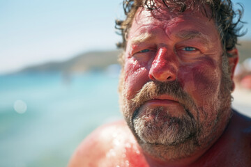Close-up middle-aged fat Caucasian man with a severe sunburn on red face and shoulders looking with a funny grumpy and painful expression, concept of sun UV protection on the beach vacation in Summer
