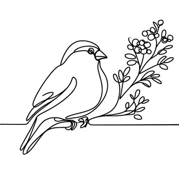recommend clip art: Goldfinch sitting on a branch of rowan tree, line drawing style
