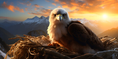 The Red Bald Eagle: A Majestic Bird Nesting in the Largest Animal's Nest, Perched High on Mountains Against a Vast Blue Sky Background - obrazy, fototapety, plakaty